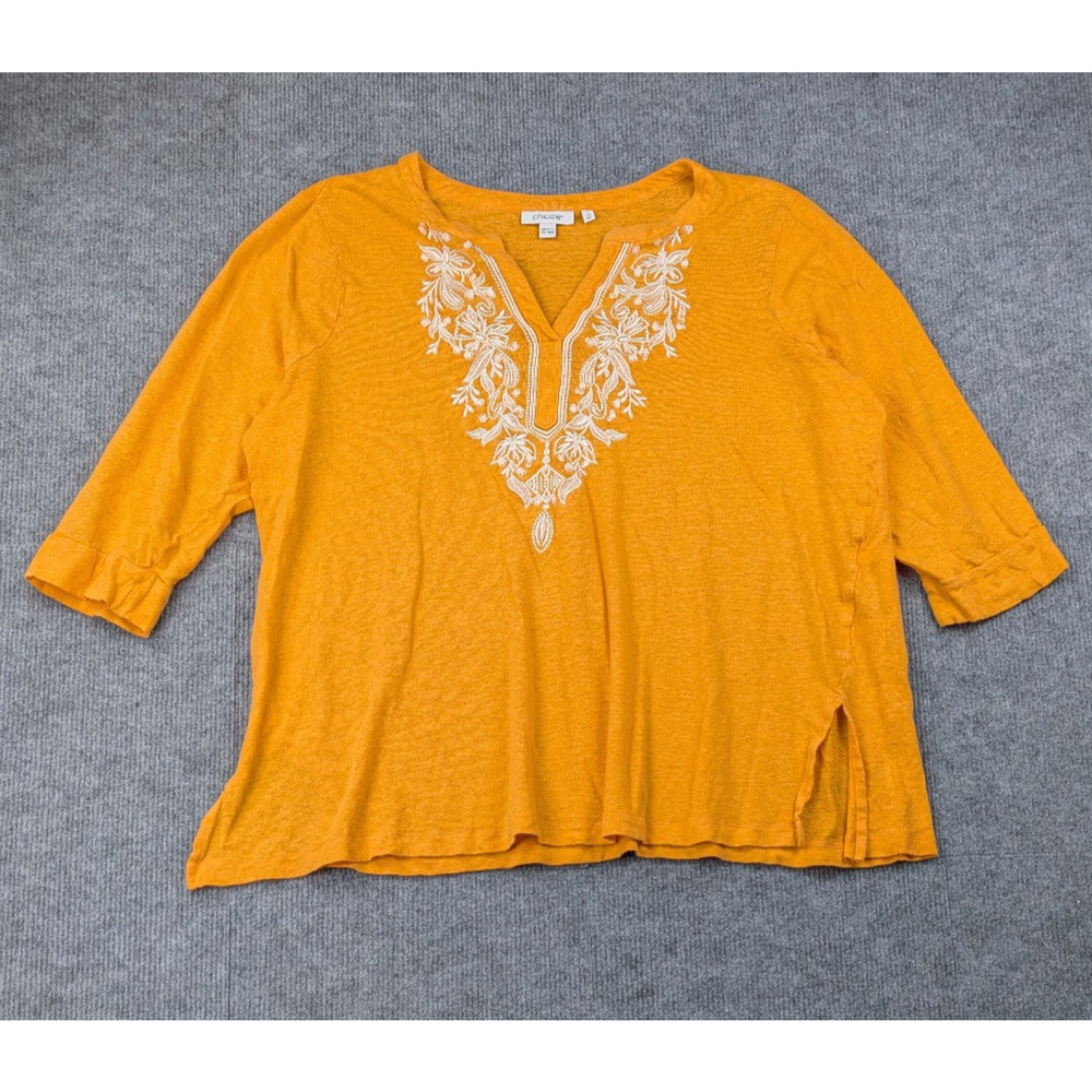 Chicos Linen Blouse Womens 4 XXL Embroidered Shirt Coastal Resort Vacation Top